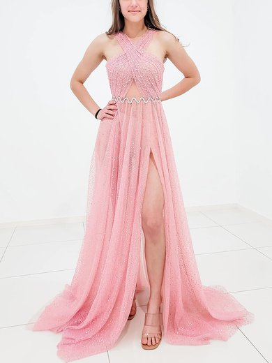 A-line V-neck Glitter Sweep Train Prom Dresses With Split Front #Milly020116651