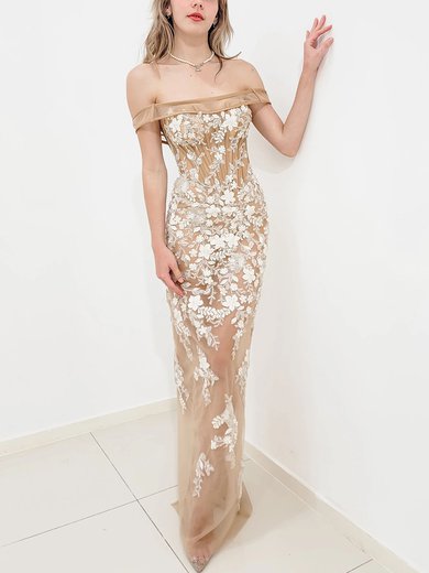 Sheath/Column Off-the-shoulder Tulle Floor-length Prom Dresses With Appliques Lace #Milly020116656