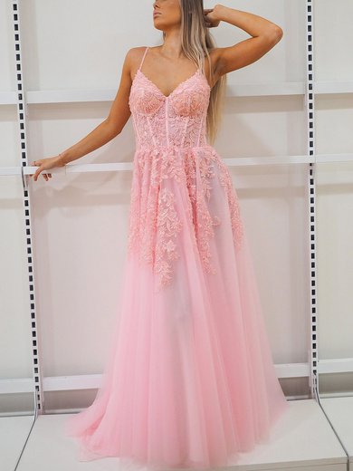 Ball Gown V-neck Tulle Sweep Train Prom Dresses With Appliques Lace #Milly020116661