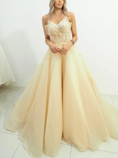 Ball Gown V-neck Glitter Sweep Train Prom Dresses With Appliques Lace #Milly020116663