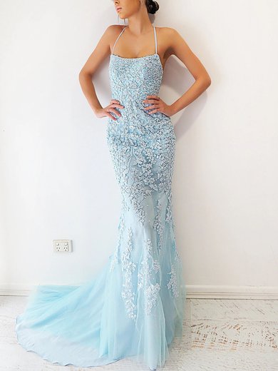 Sheath/Column Scoop Neck Tulle Sweep Train Prom Dresses With Appliques Lace #Milly020116672