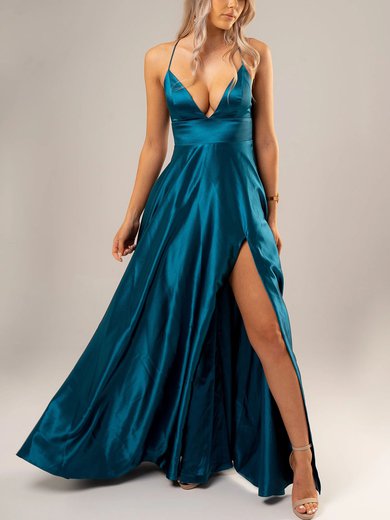 A-line V-neck Silk-like Satin Floor-length Split Front Prom Dresses #Milly020116681