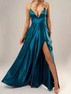 Ink Blue A-line V-neck Satin Prom Dresses With Ruched #Milly020116681