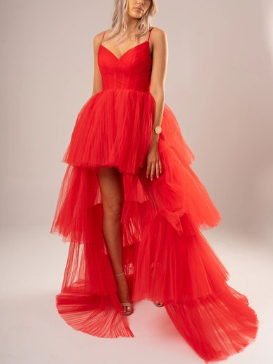Ball Gown V-neck Tulle Asymmetrical Prom Dresses With Tiered #Milly020116682