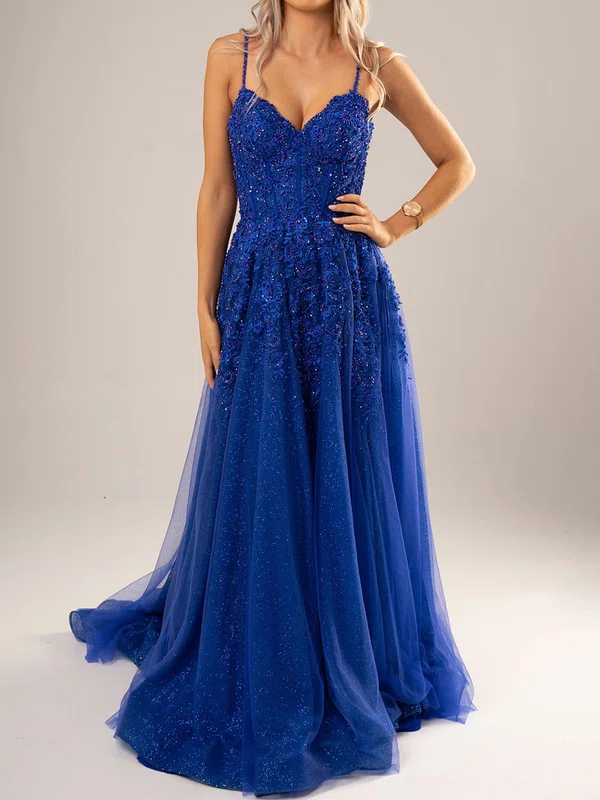 Ball Gown V-neck Tulle Glitter Sweep Train Appliques Lace Prom Dresses #Milly020116684