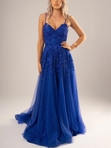 Ball Gown V-neck Tulle Glitter Sweep Train Appliques Lace Prom Dresses #Milly020116684