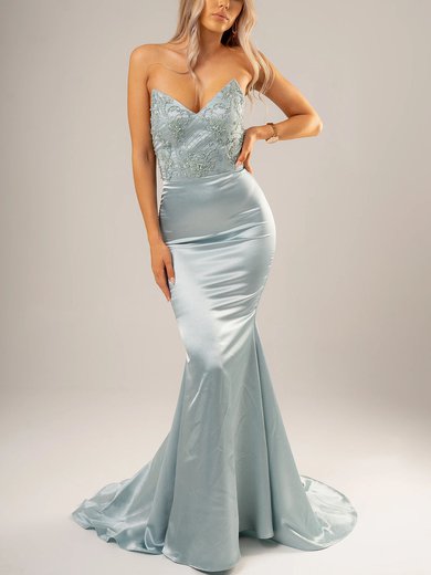 Trumpet/Mermaid V-neck Silk-like Satin Sweep Train Prom Dresses With Appliques Lace #Milly020116687
