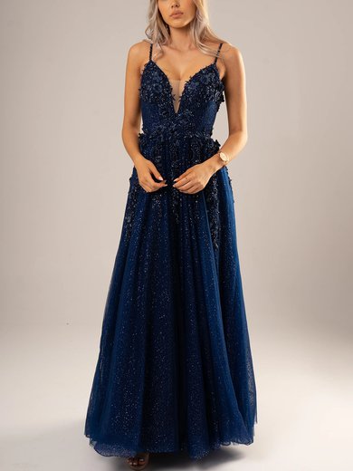 Ball Gown V-neck Glitter Tulle Floor-length Appliques Lace Prom Dresses #Milly020116689