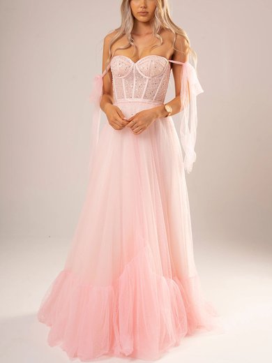 Ball Gown Off-the-shoulder Tulle Floor-length Prom Dresses With Beading #Milly020116691