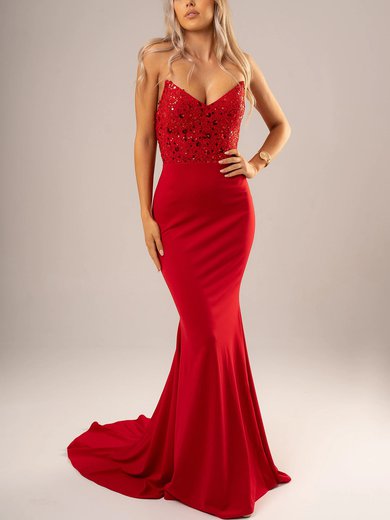 Trumpet/Mermaid V-neck Stretch Crepe Sweep Train Sequins Prom Dresses #Milly020116693