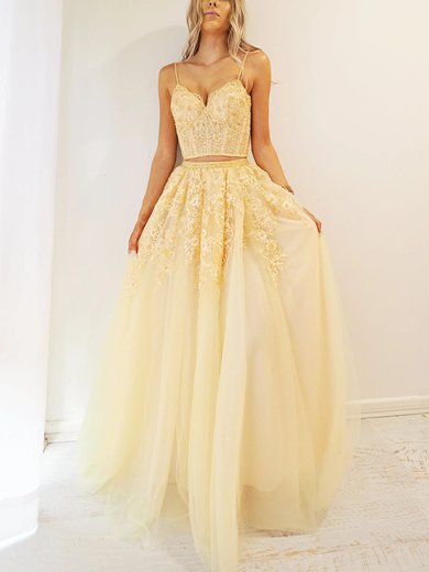 Ball Gown V-neck Tulle Floor-length Prom Dresses With Appliques Lace #Milly020116695