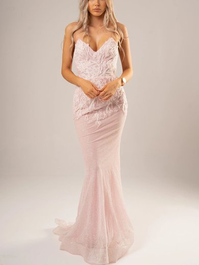 Sheath/Column V-neck Glitter Floor-length Appliques Lace Prom Dresses #Milly020116698