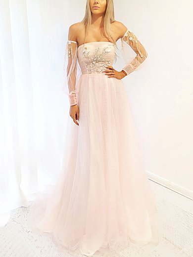 Ball Gown Off-the-shoulder Glitter Tulle Sweep Train Prom Dresses With Appliques Lace #Milly020116701