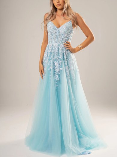 Ball Gown V-neck Tulle Sweep Train Appliques Lace Prom Dresses #Milly020116702