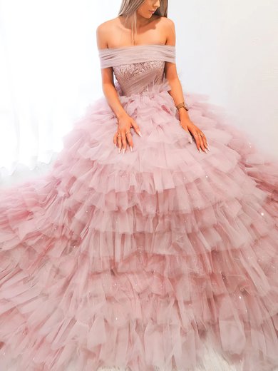 Ball Gown Off-the-shoulder Glitter Tulle Court Train Prom Dresses With Tiered #Milly020116703
