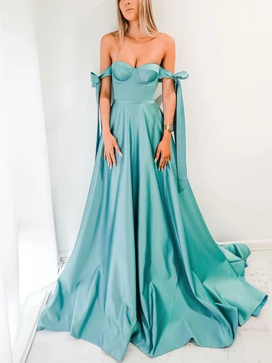 Ball Gown Off-the-shoulder Satin Sweep Train Bow Prom Dresses #Milly020116705