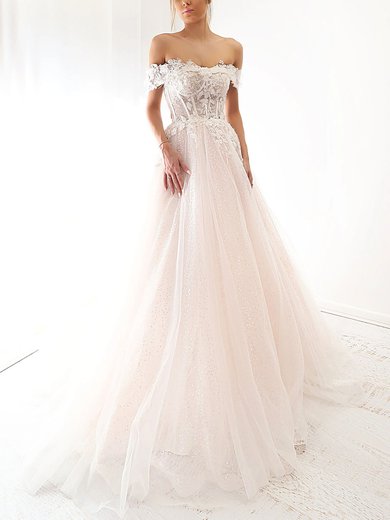 Ball Gown Off-the-shoulder Tulle Court Train Prom Dresses With Appliques Lace #Milly020116714