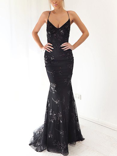 Trumpet/Mermaid V-neck Tulle Sweep Train Prom Dresses With Sequins #Milly020116715