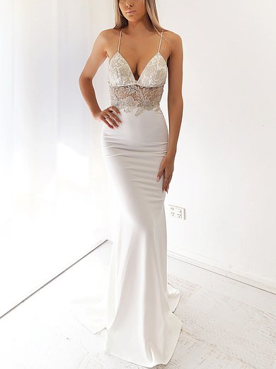 Sheath/Column V-neck Stretch Crepe Sweep Train Prom Dresses With Appliques Lace #Milly020116718