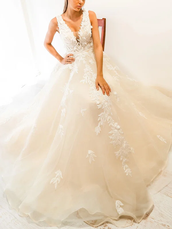 Ball Gown V-neck Tulle Sweep Train Prom Dresses With Appliques Lace #Milly020116720