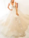 Ball Gown V-neck Tulle Sweep Train Prom Dresses With Appliques Lace #Milly020116720