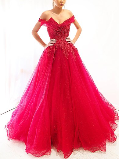 Ball Gown Off-the-shoulder Tulle Sweep Train Prom Dresses With Appliques Lace #Milly020116725