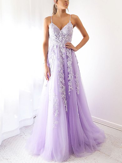 Ball Gown V-neck Tulle Sweep Train Appliques Lace Prom Dresses #Milly020116730