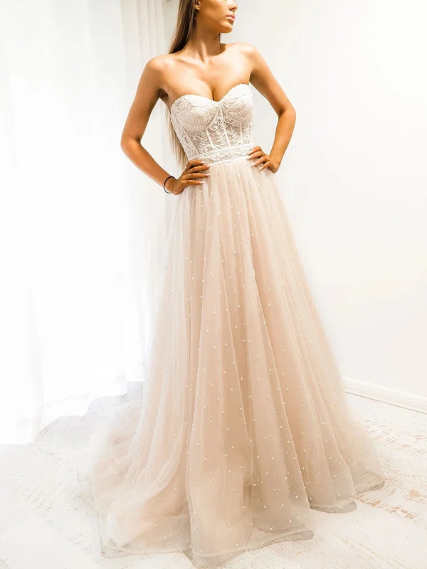 Ball Gown Sweetheart Tulle Sweep Train Prom Dresses With Pearl Detailing #Milly020116735