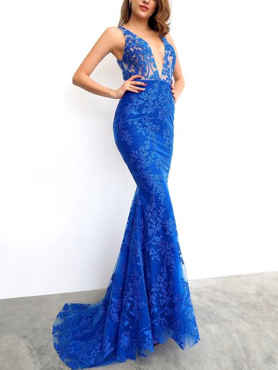 Trumpet/Mermaid V-neck Tulle Sweep Train Appliques Lace Prom Dresses #Milly020116744