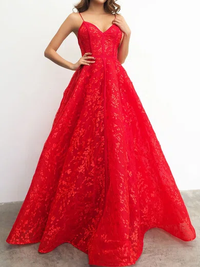 Red Ball Gown V-neck Floor-length Lace Prom Dresses #Milly020116745