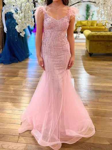 Mermaid V-neck Tulle Beaded Prom Dresses With Feather #Milly020116748