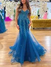 Trumpet/Mermaid V-neck Tulle Sweep Train Beading Prom Dresses #Milly020116752