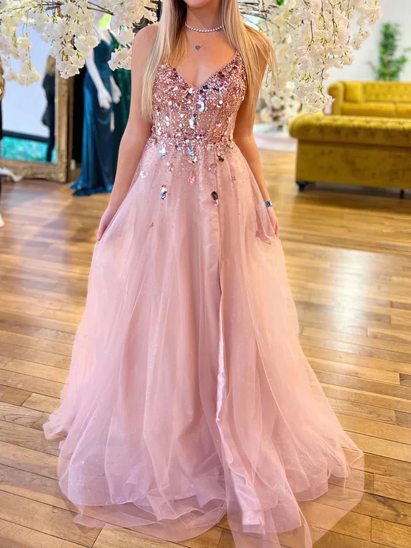 Ball Gown V-neck Tulle Sweep Train Beading Prom Dresses #Milly020116754