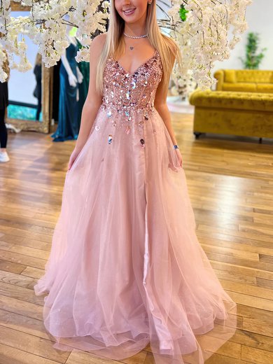 Ball Gown V-neck Tulle Sweep Train Beading Prom Dresses #Milly020116754