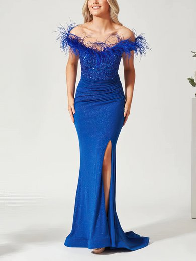 Sheath/Column Off-the-shoulder Shimmer Crepe Sweep Train Feathers / Fur Prom Dresses #Milly020116757