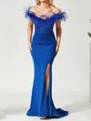 Sheath/Column Off-the-shoulder Shimmer Crepe Sweep Train Feathers / Fur Prom Dresses #Milly020116757