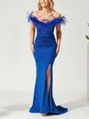 Sheath/Column Off-the-shoulder Shimmer Crepe Sweep Train Feathers / Fur Prom Dresses #Milly020116757