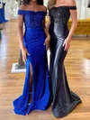 Sheath/Column Off-the-shoulder Sequined Silk-like Satin Sweep Train Split Front Prom Dresses #Milly020116763