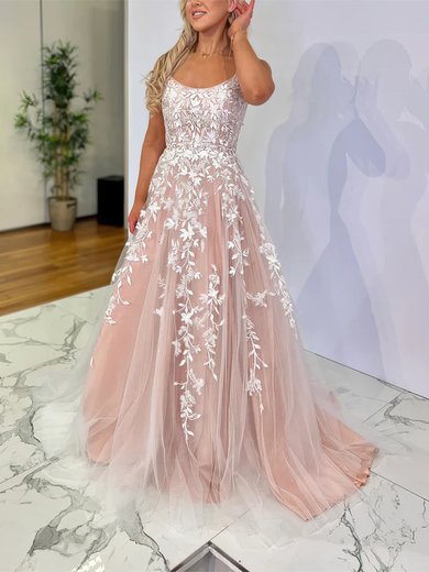 Ball Gown Scoop Neck Tulle Sweep Train Appliques Lace Prom Dresses #Milly020116792