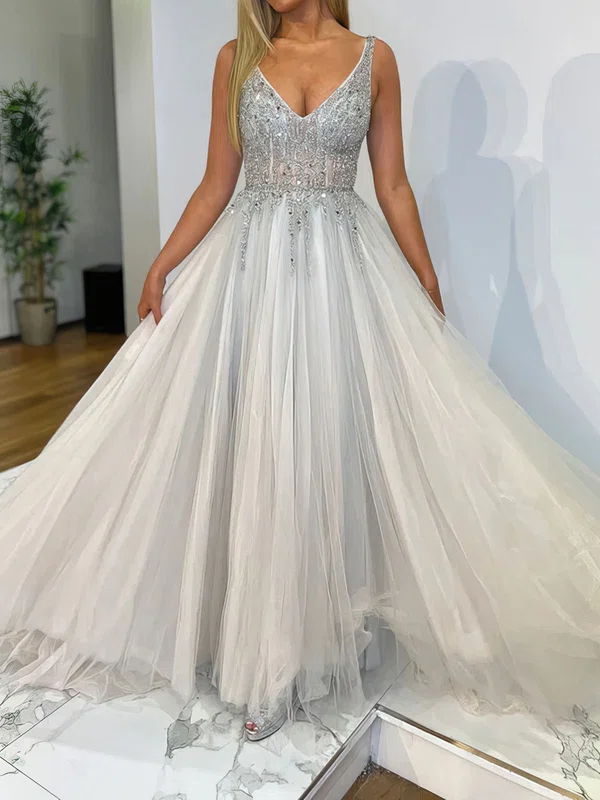 Ball Gown V-neck Tulle Prom Dresses With Beading #Milly020116797