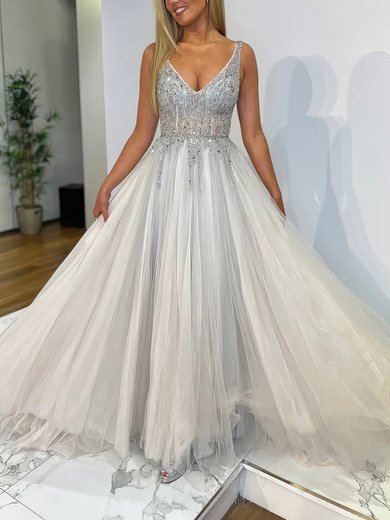 Ball Gown V-neck Tulle Sweep Train Beading Prom Dresses #Milly020116797