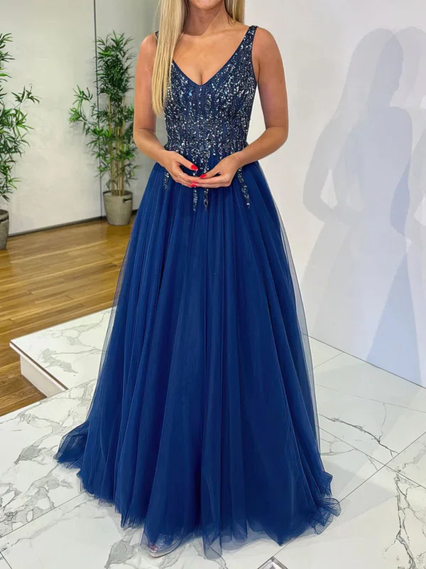 Ball Gown V-neck Tulle Prom Dresses With Beading #Milly020116798