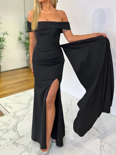 Black Sheath/Column Off-the-shoulder Satin Prom Dresses #Milly020116799
