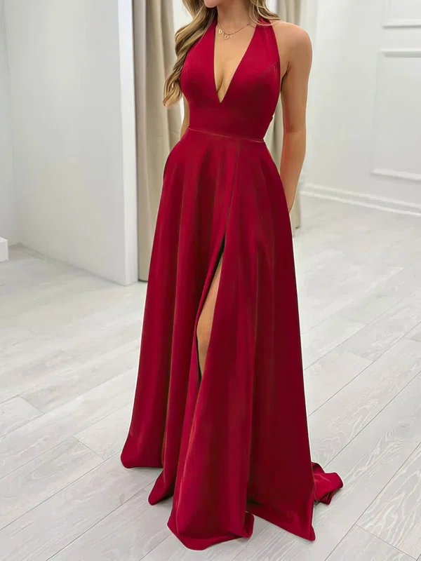 A-line V-neck Satin Prom Dresses With Split #Milly020116814