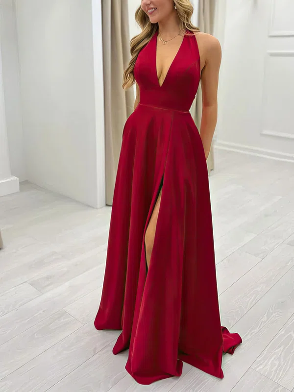 A-line V-neck Silk-like Satin Sweep Train Pockets Prom Dresses #Milly020116814