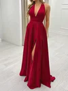 A-line V-neck Satin Prom Dresses With Split #Milly020116814