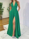 A-line V-neck Floor-length Satin Prom Dresses #Milly020116816