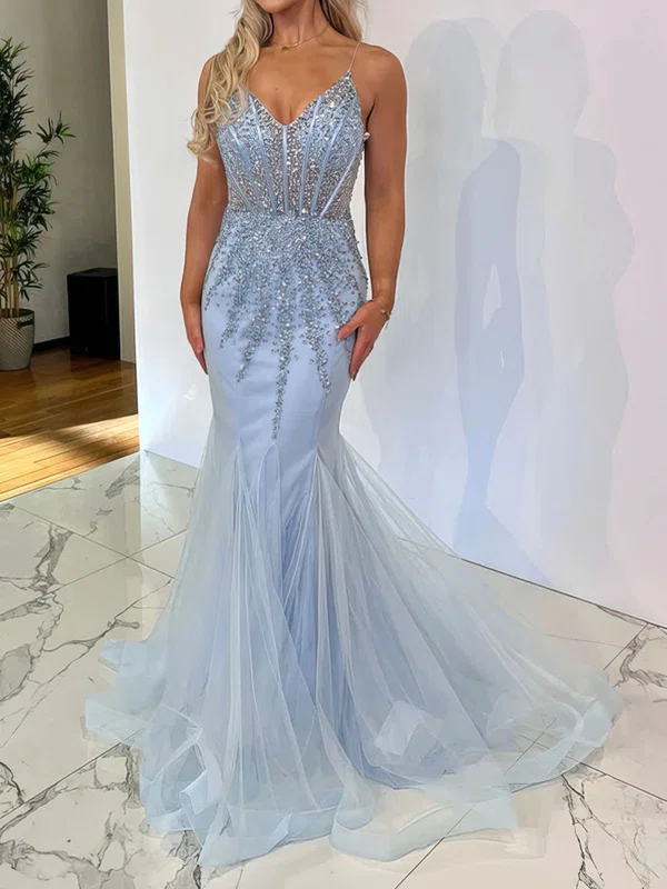 Mermaid V-neck Tulle Corset Prom Dresses With Beading #Milly020116822