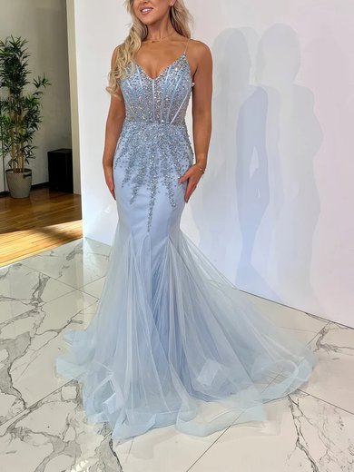 Trumpet/Mermaid V-neck Tulle Sweep Train Beading Prom Dresses #Milly020116822