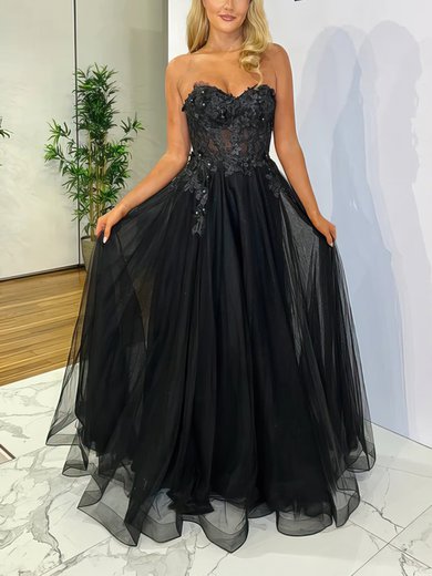 Ball Gown Sweetheart Tulle Sweep Train Prom Dresses With Appliques Lace #Milly020116829